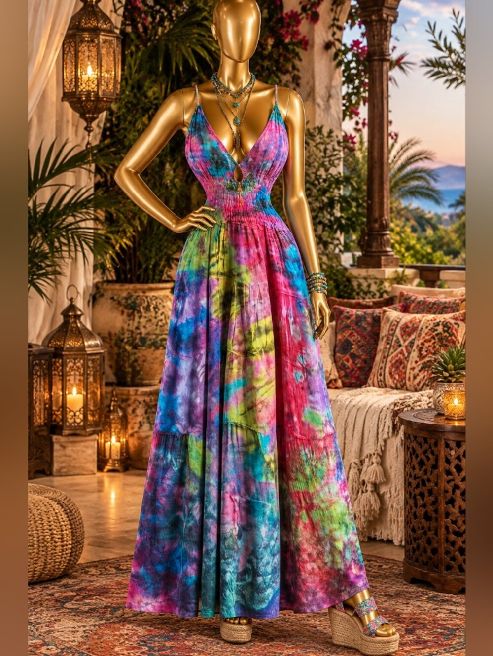 Vintage Multi-Color Tie-Dye Maxi Dress with Smocked Waist
